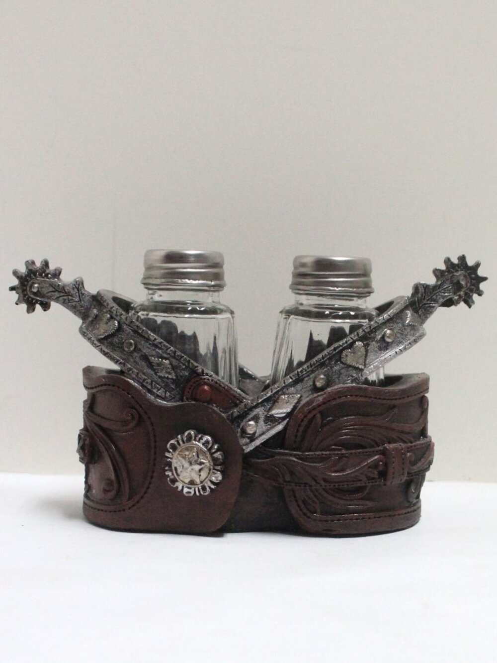 Cowboy or Cowgirl Boot Spur Caddy Salt & Pepper Shakers Clear Glass Set